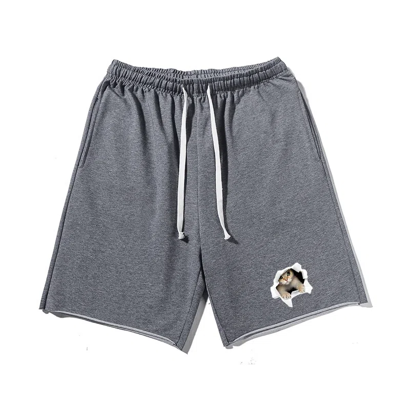 乱步 基础重磅美式破洞卡通猫印花宽松五分裤休闲短裤 男女同款