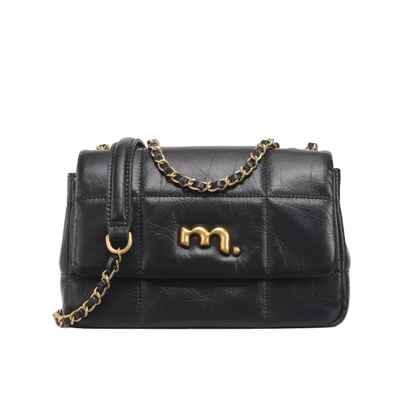 妙迪 复古高级感时尚简约百搭 牛皮 单肩包 女款 子夜黑