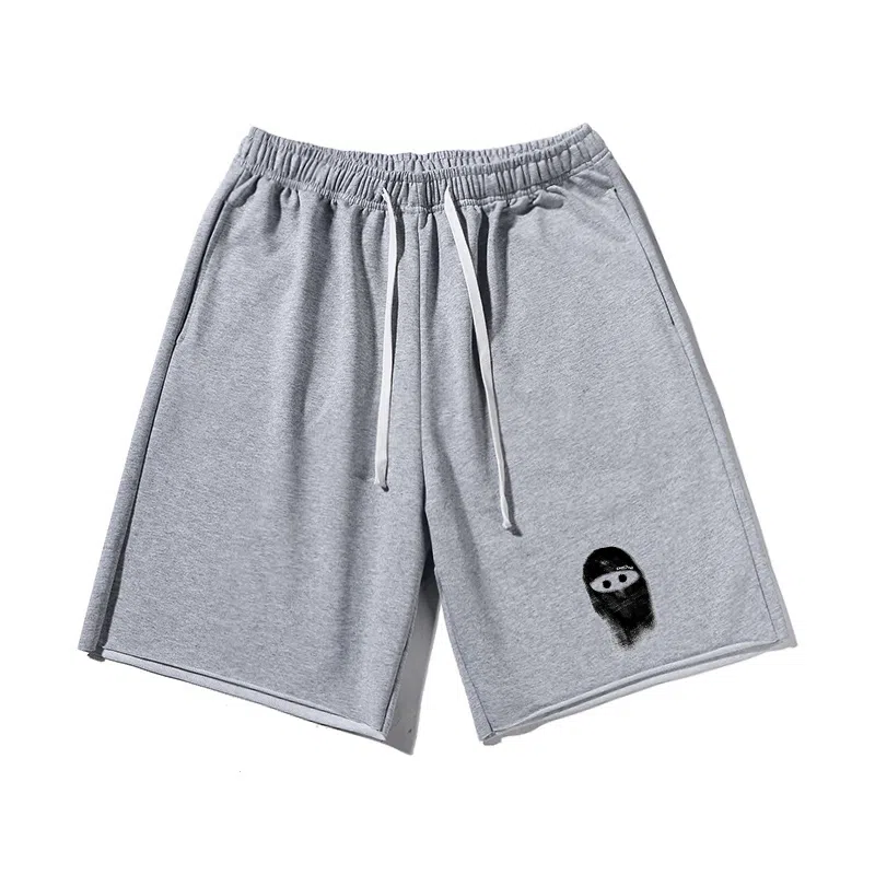 乱步 基础重磅趣味蒙面图案宽松透气吸汗运动风美式百搭卷边五分休闲短裤 男女同款