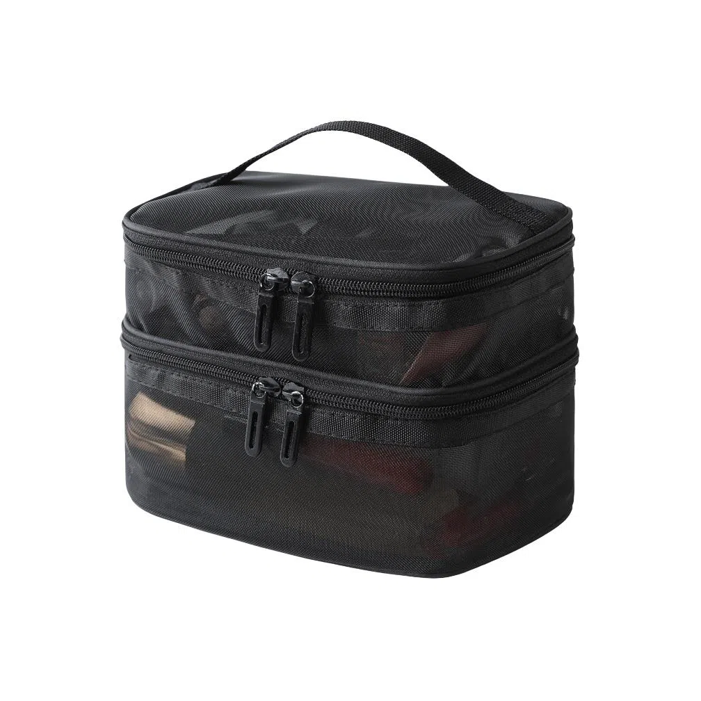 馨枕居 网纱透明化妆包大容量 旅行简约便携洗漱包双层手提化妆品收纳包