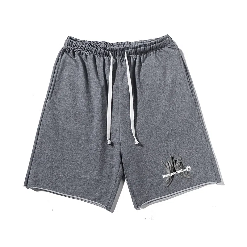 乱步 潮流手势图案字母印花宽松透气吸汗美式运动风五分休闲短裤 男女同款
