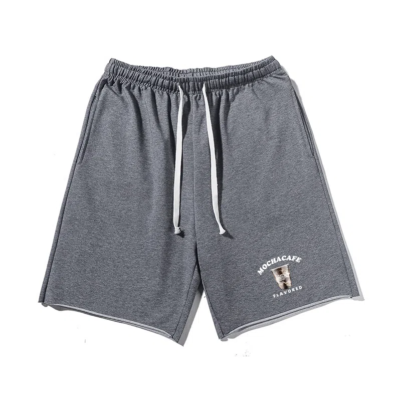 乱步 美式卷边运动风咖啡主题图案字母印花宽松透气五分休闲短裤 男女同款
