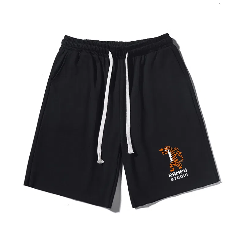 乱步 印花宽松透气吸汗美式老虎图案字母运动风卷边百搭五分休闲短裤 男女同款
