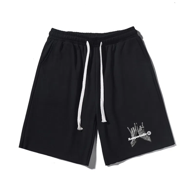 乱步 潮流手势图案字母印花宽松透气吸汗美式运动风五分休闲短裤 男女同款