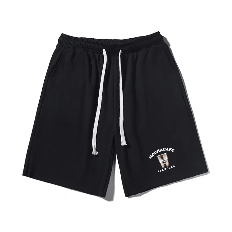 乱步 美式卷边运动风咖啡主题图案字母印花宽松透气五分休闲短裤 男女同款