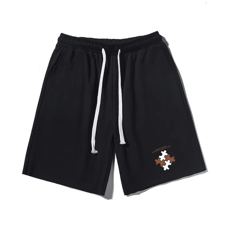 乱步 美式潮牌宽松慵懒运动五分卷边设计拼图印花休闲短裤 男女同款