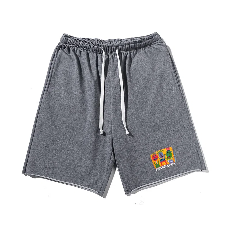 乱步 基础卷边多彩卡通图案字母印花宽松透气吸汗美式运动风五分休闲短裤 男女同款