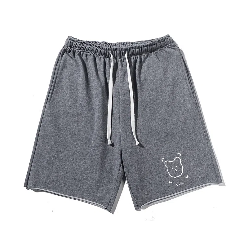 乱步 简约卡通小熊图案宽松透气基础重磅吸汗美式运动卷边五分休闲短裤 男女同款