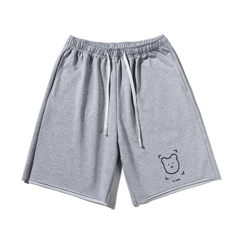 乱步 简约卡通小熊图案宽松透气基础重磅吸汗美式运动卷边五分休闲短裤 男女同款
