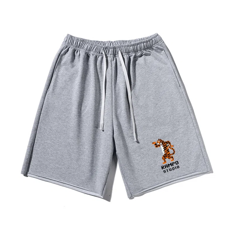 乱步 印花宽松透气吸汗美式老虎图案字母运动风卷边百搭五分休闲短裤 男女同款