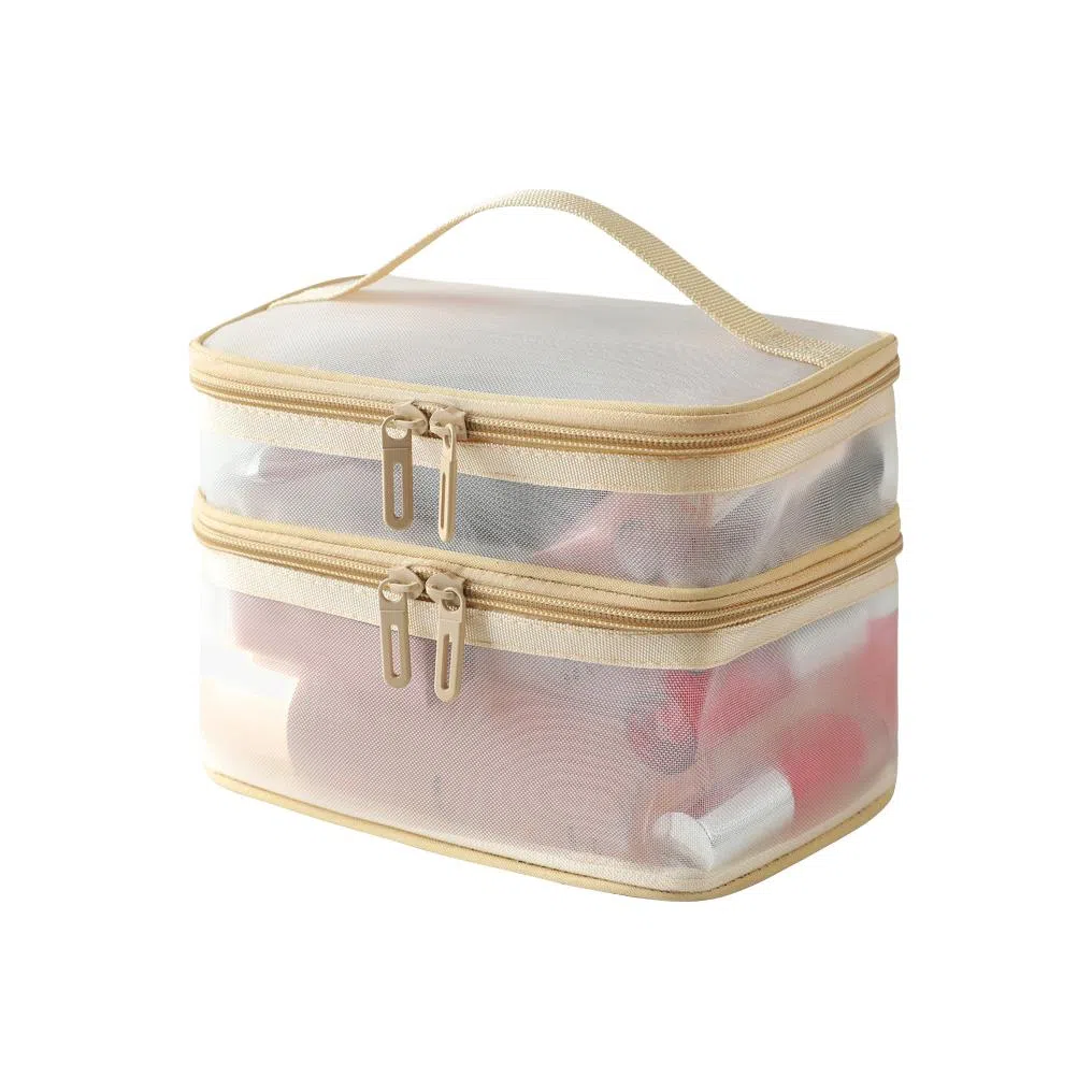 馨枕居 网纱透明化妆包大容量 旅行简约便携洗漱包双层手提化妆品收纳包