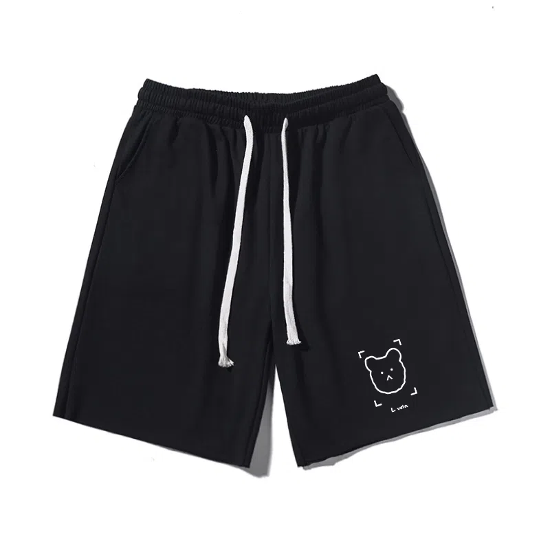 乱步 简约卡通小熊图案宽松透气基础重磅吸汗美式运动卷边五分休闲短裤 男女同款