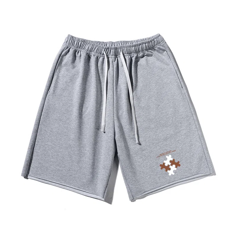 乱步 美式潮牌宽松慵懒运动五分卷边设计拼图印花休闲短裤 男女同款