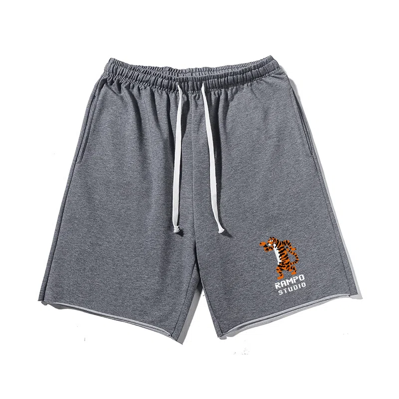 乱步 印花宽松透气吸汗美式老虎图案字母运动风卷边百搭五分休闲短裤 男女同款