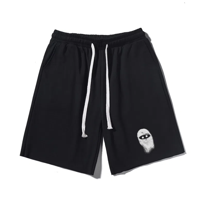 乱步 基础重磅趣味蒙面图案宽松透气吸汗运动风美式百搭卷边五分休闲短裤 男女同款
