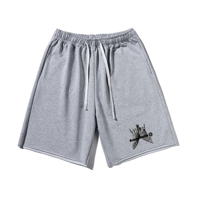 乱步 潮流手势图案字母印花宽松透气吸汗美式运动风五分休闲短裤 男女同款