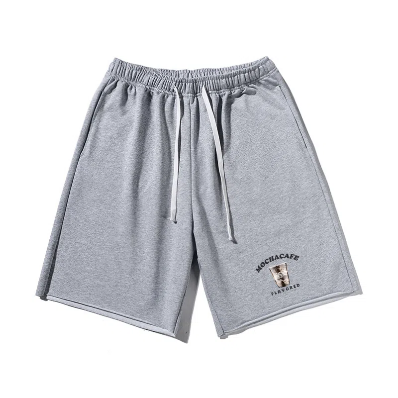 乱步 美式卷边运动风咖啡主题图案字母印花宽松透气五分休闲短裤 男女同款