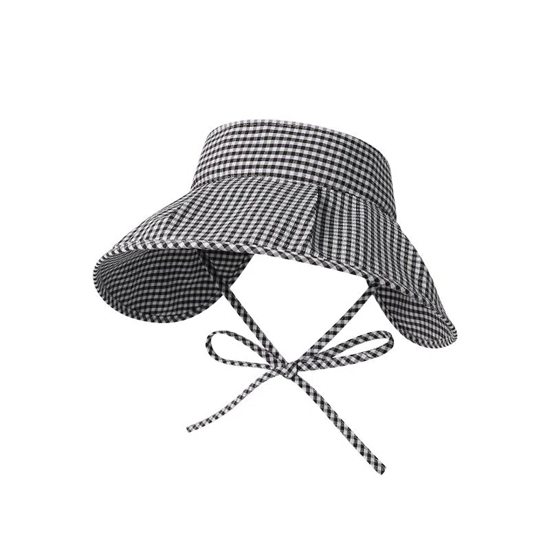 艾佳微 蝴蝶结格子空顶帽夏季大檐海边度假太阳帽防紫外线防晒 棉 渔夫帽 男女同款情侣款