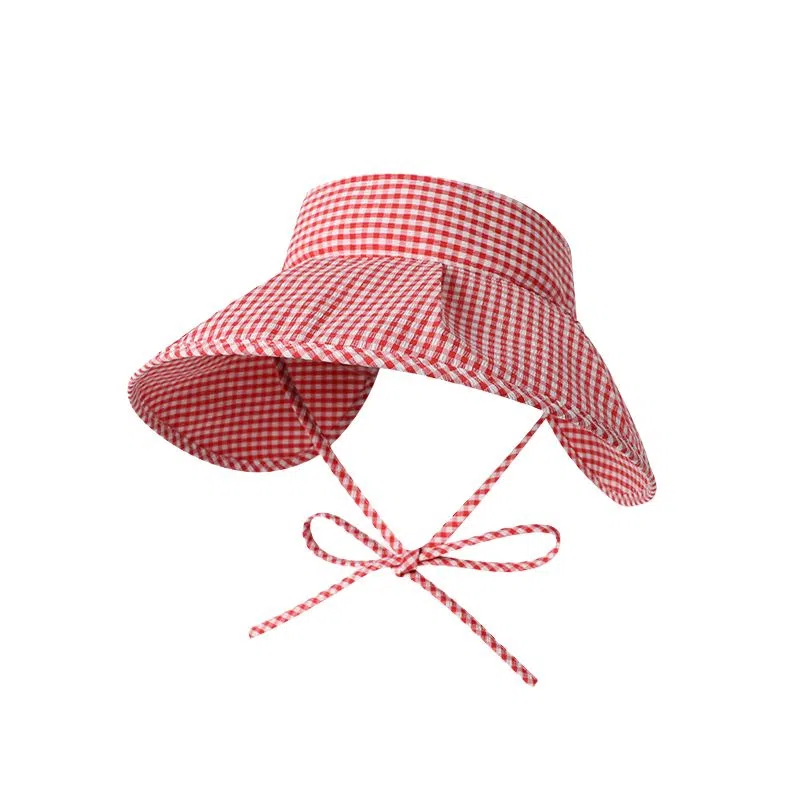 艾佳微 蝴蝶结格子空顶帽夏季大檐海边度假太阳帽防紫外线防晒 棉 渔夫帽 男女同款情侣款