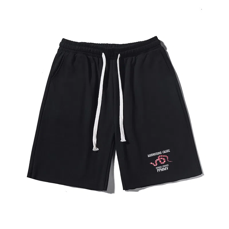 乱步 美式潮牌宽松卷边慵懒运动五分设计蛇蛇印花休闲短裤 男女同款