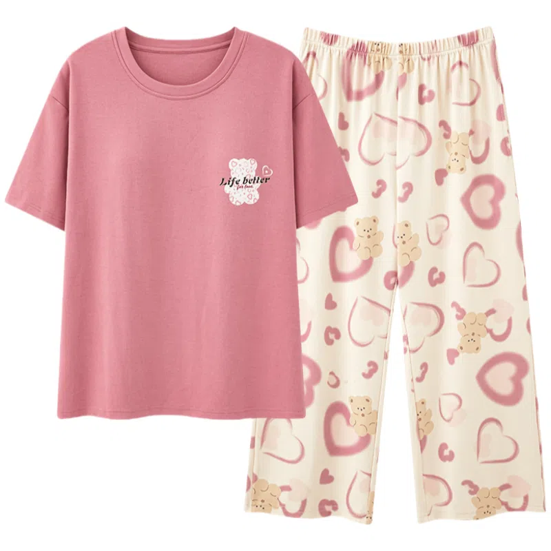 兰缪 凉感甜美爱心可爱小熊印花柔软亲肤面料舒适安睡居家可外穿睡衣套装 女款