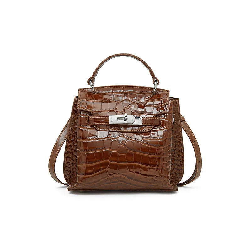 老人头 时尚通勤百搭优雅气质高级质感鳄鱼纹凯莉包 头层牛皮 单肩斜挎手提包 常规 女款 安格拉红/黑色/棕色