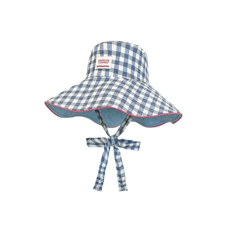 艾佳微 韩版小清新甜美格子系带大檐遮阳帽双面戴百搭防晒帽 棉 渔夫帽 男女同款情侣款
