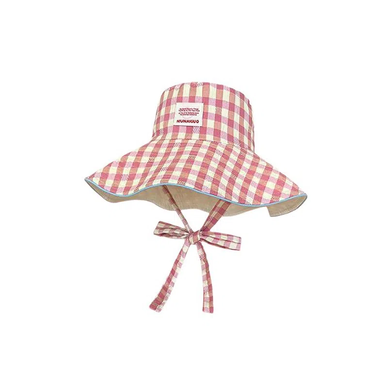 艾佳微 韩版小清新甜美格子系带大檐遮阳帽双面戴百搭防晒帽 棉 渔夫帽 男女同款情侣款