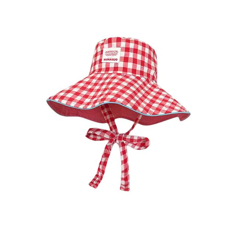 艾佳微 韩版小清新甜美格子系带大檐遮阳帽双面戴百搭防晒帽 棉 渔夫帽 男女同款情侣款
