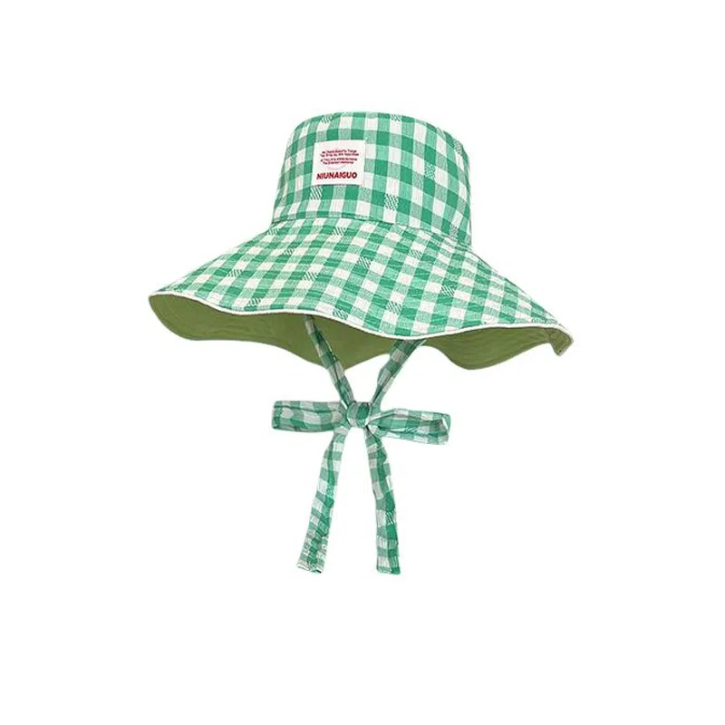 艾佳微 韩版小清新甜美格子系带大檐遮阳帽双面戴百搭防晒帽 棉 渔夫帽 男女同款情侣款