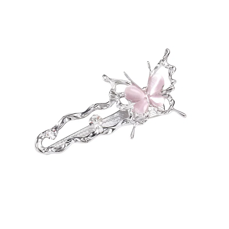 丹琴 高级感银色蝴蝶边夹 小众设计液态清冷感鸭嘴夹前额侧边刘海夹子发卡发饰 合金 发夹 女款