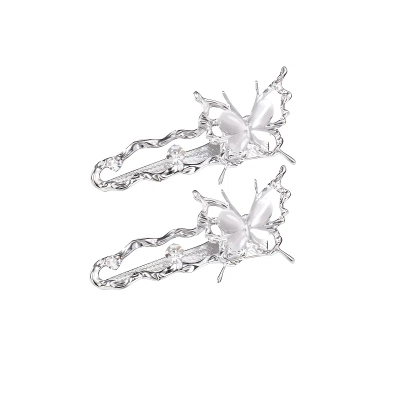 丹琴 高级感银色蝴蝶边夹 小众设计液态清冷感鸭嘴夹前额侧边刘海夹子发卡发饰 合金 发夹 女款