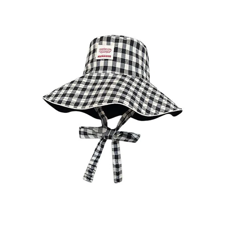 艾佳微 韩版小清新甜美格子系带大檐遮阳帽双面戴百搭防晒帽 棉 渔夫帽 男女同款情侣款