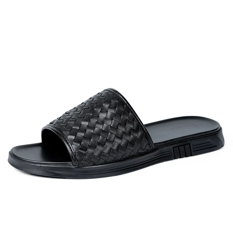 依米奴 轻奢大牌推荐 编织风 高颜值 潮流百搭 年轻气质 舒适柔软 细腻 职场会议 简约精致 高级感 橡胶底 防磨人字拖鞋 男款 黑色
