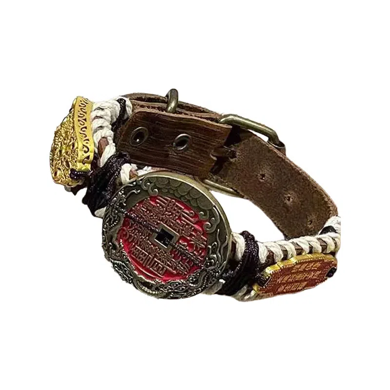 既白南兮 道韵护佑鱼跃龙门山鬼花钱本命道系青年太岁#好运 合金 皮革 手环 男女同款情侣款