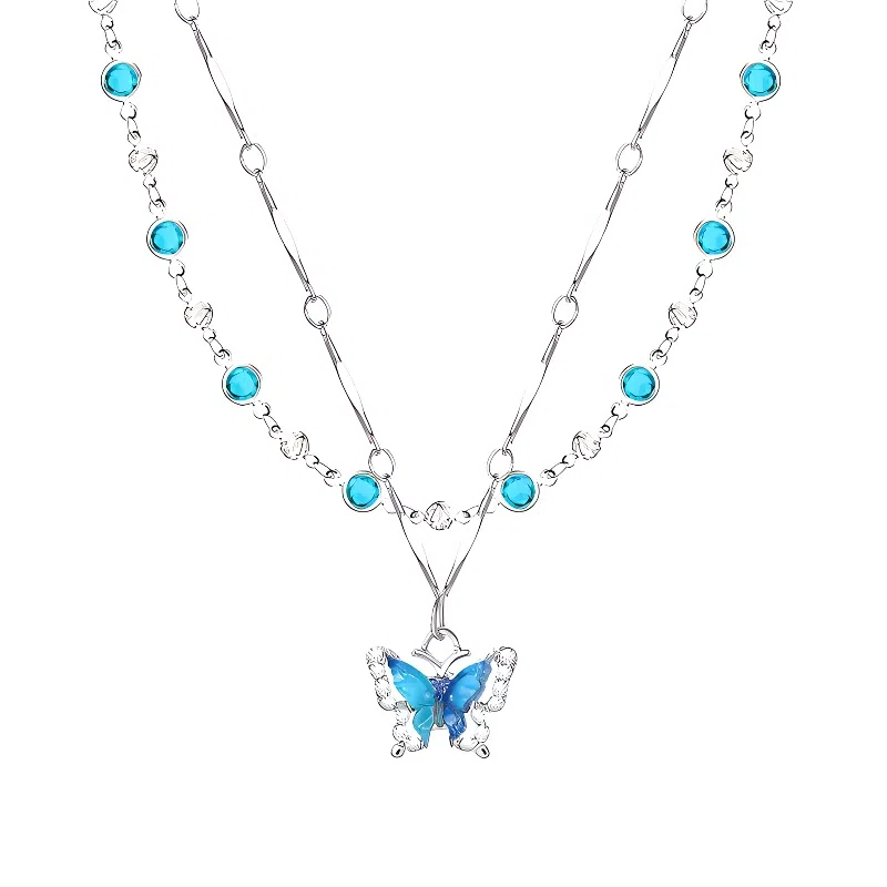尚先生 清凉蓝色蝴蝶双层叠戴锁骨链 轻奢镶锆小众设计 日常通勤休闲尽显优雅高级感#好运 合金 项链 女款