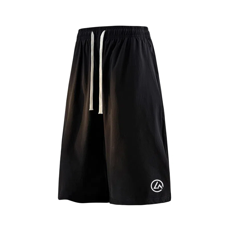 兰缪 美式日系户外复古透气舒适日常运动高街简约基础款设计印花百搭通勤山系宽松清爽潮流柔软垂感直筒纯色系带休闲短裤 男女同款