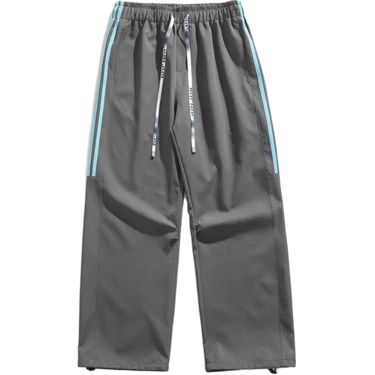 零氏 美式高街撞色简约侧边三条杠条纹拼接复古阔腿学院风青年直筒中腰系带宽松薄款透气时尚百搭长裤子休闲裤 男女同款