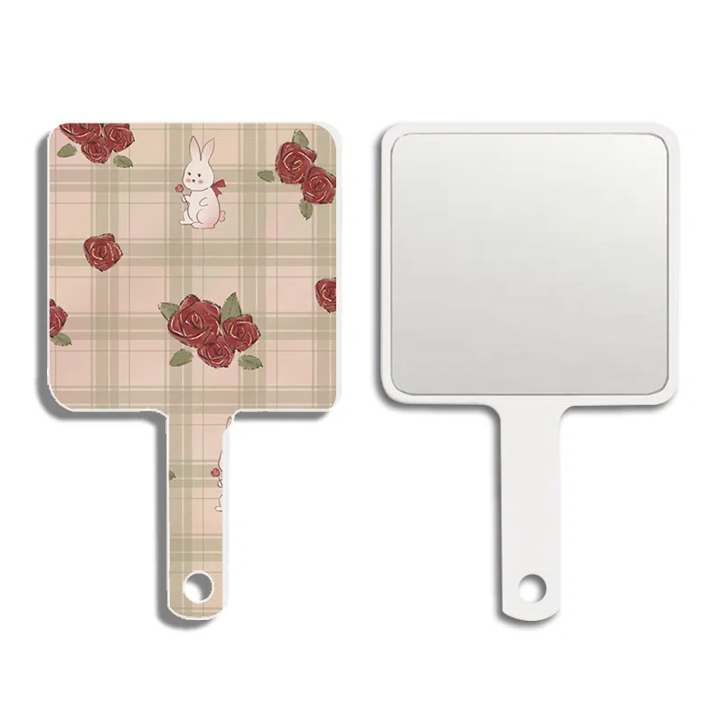 馨枕居 玫瑰花手柄镜可爱镜子随身携带化妆镜手拿镜用宿舍家用桌面镜