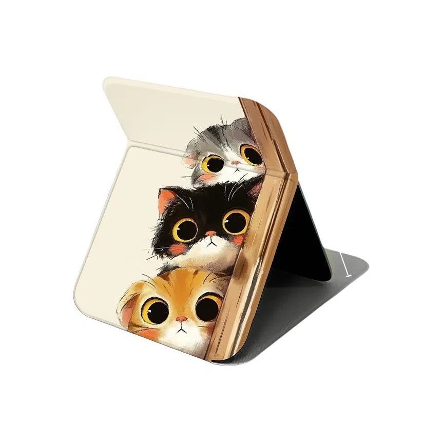 馨枕居 宿舍办公室家居专用可立高清折叠化妆镜便携台式双面翻盖猫咪镜女