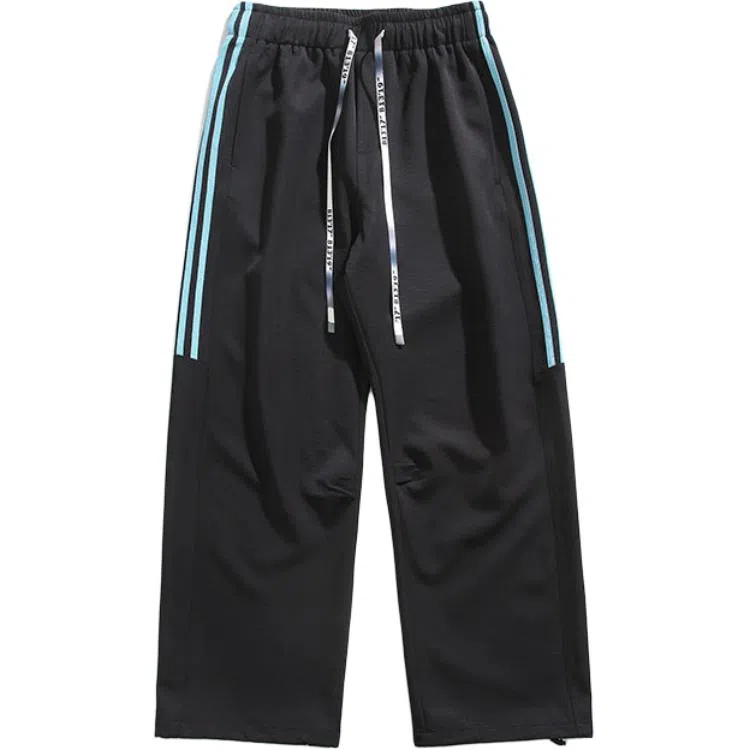 零氏 美式高街撞色简约侧边三条杠条纹拼接复古阔腿学院风青年直筒中腰系带宽松薄款透气时尚百搭长裤子休闲裤 男女同款