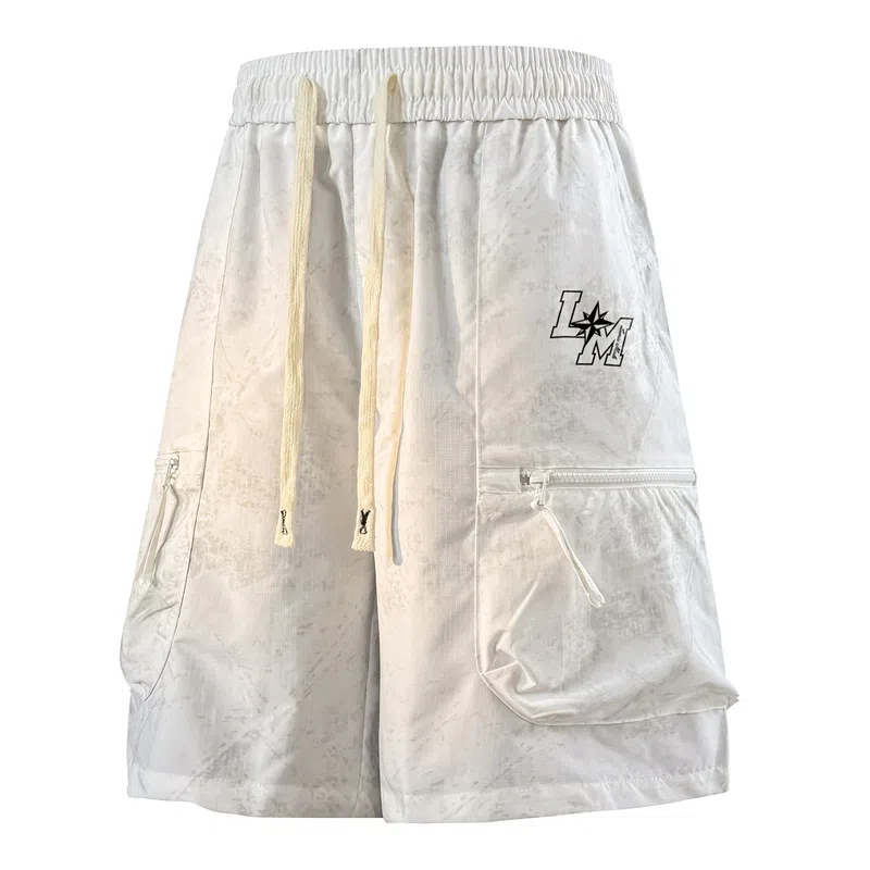 兰缪 美式日系复古透气舒适日常运动高街简约印花基础款设计户外百搭通勤山系宽松清爽潮流柔软垂感直筒纯色系带休闲短裤 男女同款