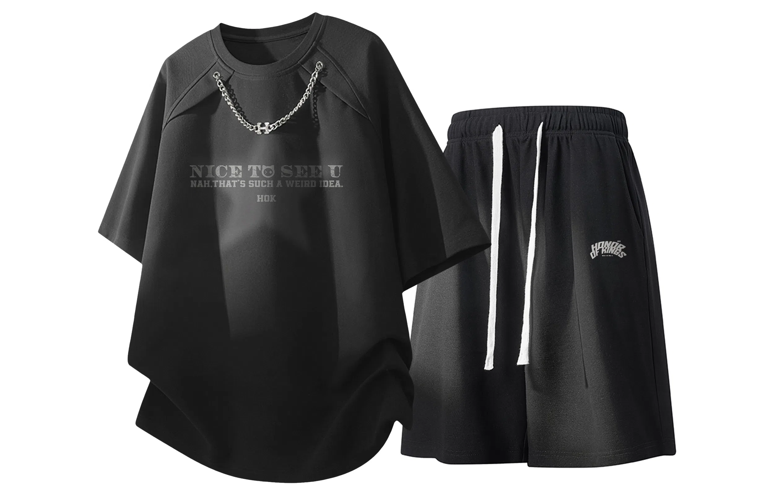 王者荣耀 标语款 美式高街拼接项链设计圆领短袖五分短裤两件套宽松舒适痞帅青春高颜值无性别潮流百搭时尚休闲运动套装 男女同款