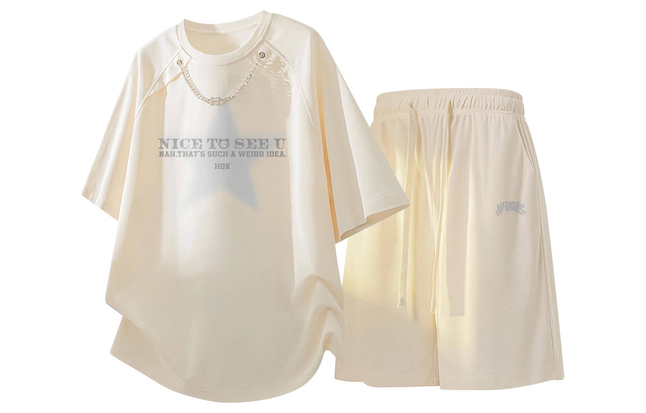 王者荣耀 标语款 美式高街拼接项链设计圆领短袖五分短裤两件套宽松舒适痞帅青春高颜值无性别潮流百搭时尚休闲运动套装 男女同款