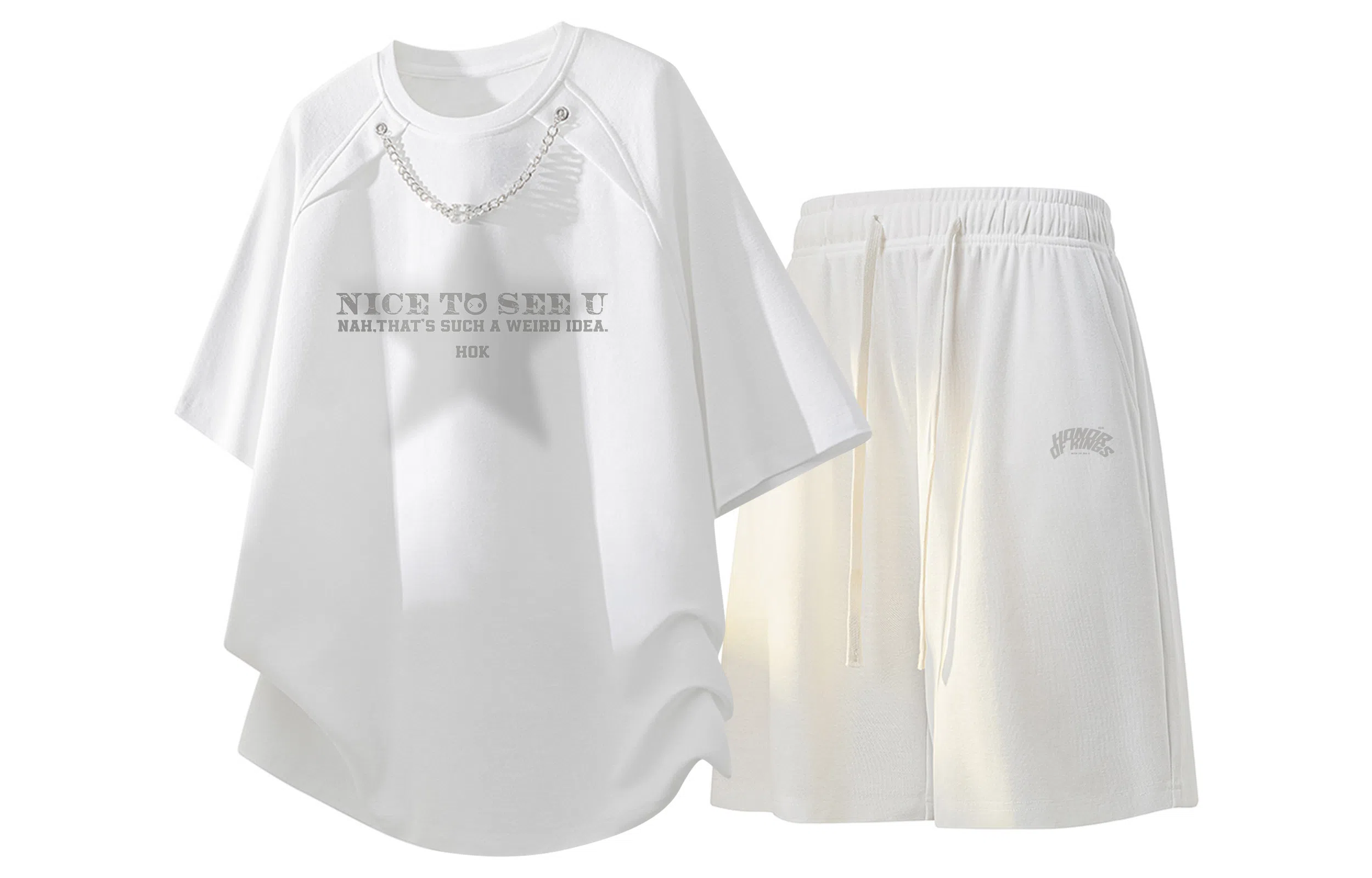 王者荣耀 标语款 美式高街拼接项链设计圆领短袖五分短裤两件套宽松舒适痞帅青春高颜值无性别潮流百搭时尚休闲运动套装 男女同款