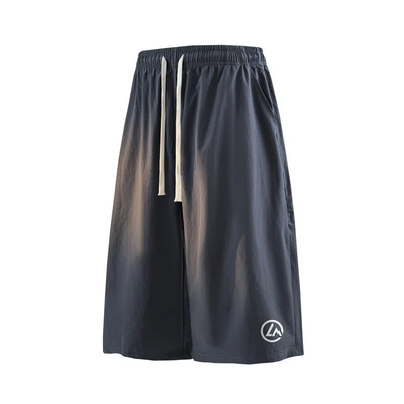 兰缪 美式日系户外复古透气舒适日常运动高街简约基础款设计印花百搭通勤山系宽松清爽潮流柔软垂感直筒纯色系带休闲短裤 男女同款