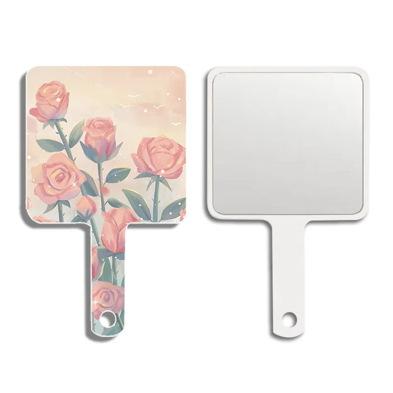 馨枕居 玫瑰花手柄镜可爱镜子随身携带化妆镜手拿镜用宿舍家用桌面镜