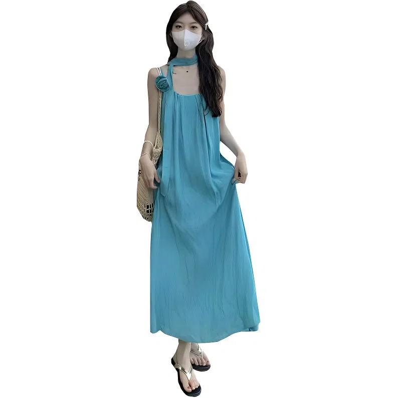 兰缪 夏季薄荷曼波沙滩裙仙女风挂脖无袖连衣裙 女款