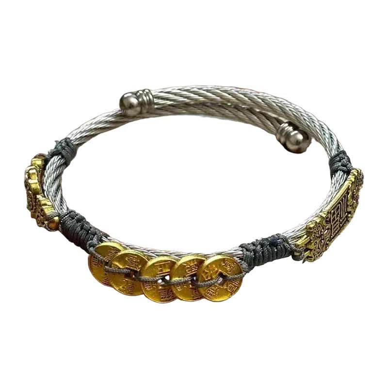 既白南兮 道气盈身铁三角十年之约小哥五帝钱貔貅太岁好运道系青年国风新中式文创 合金 手环 男女同款情侣款