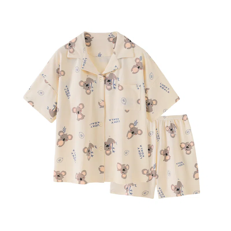 夏芬妍 柔软舒适卡通考拉翻领开衫家居服亲肤短袖短裤休闲带胸垫可外穿睡衣套装 女款